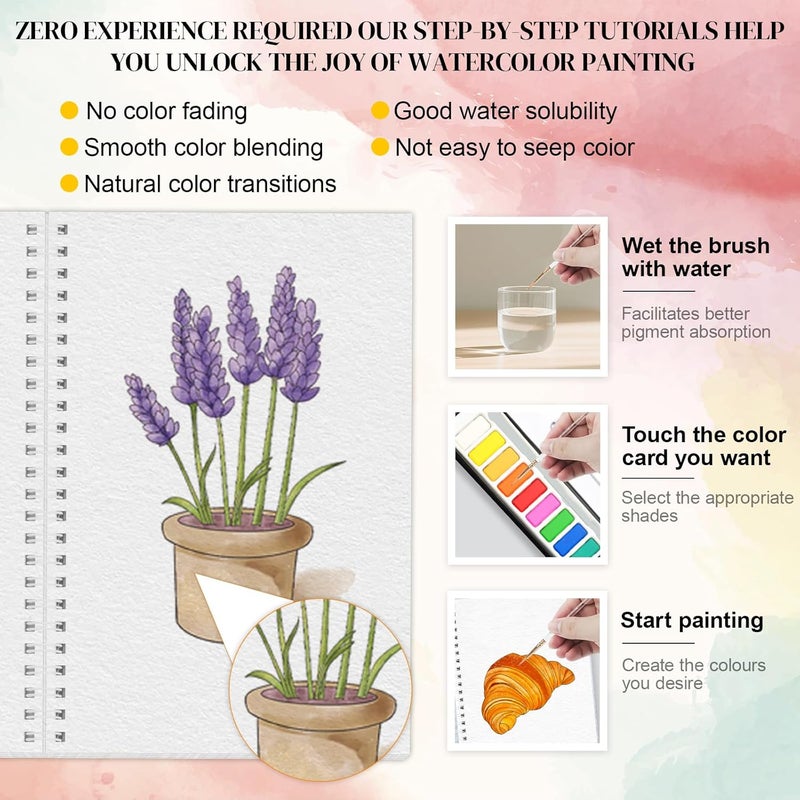apolyone Watercolor Workbooks- 2 Pack Beginner Workbooks with 24 Coloring Book Pages - 12 Color blocks and a Brush - Watercolor Paper 300gsm/140lb - Gift for Women, Adults, Beginners (Bouquet & Seaside) - Image 5